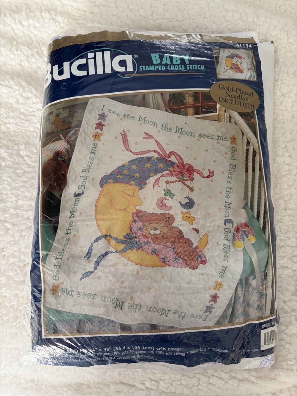 Vintage Bucilla Baby Stamped Cross Stitch Kit Mr Moon & Me Crib Cover 41194